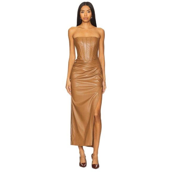 Bardot Everlasting Faux Leather Dress in Camel 2 New Womens Strapless Midi - Picture 1 of 12